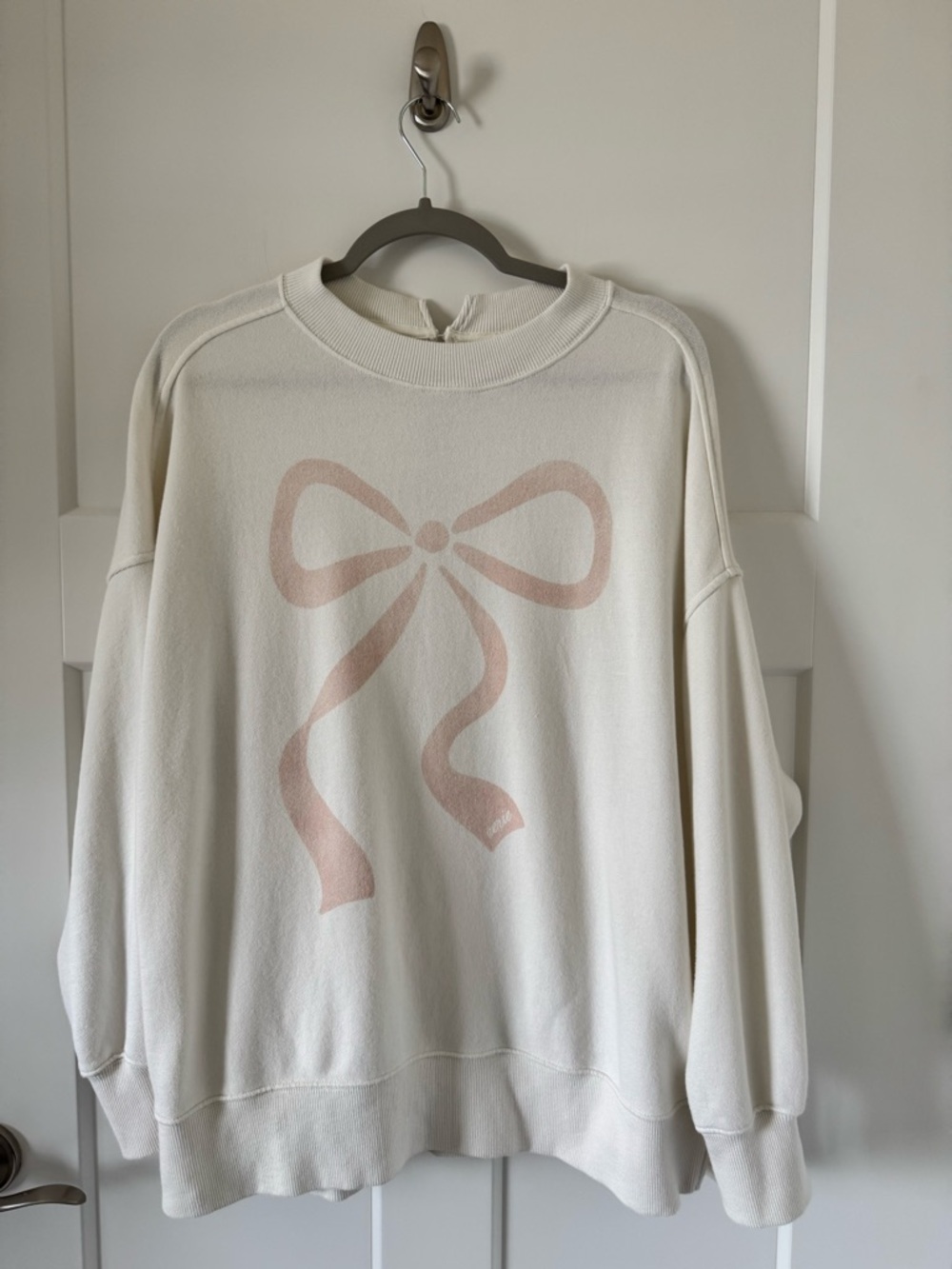 aerie Big Chill Crew Cream Pale Pink Bow Graphic Sweatshirt Sz S